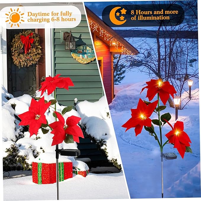4PCS Solar Flower Lights Waterproof Solar Poinsettias Artificial Christmas Flowers Light with Stake for Pathway Yard Garden Patio Lawn Outdoor