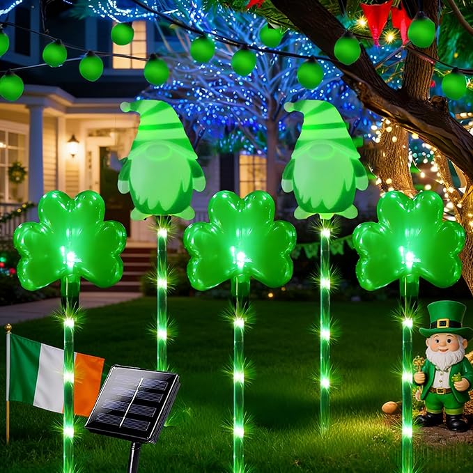 5 Pack St. Patrick's Day Solar Pathway Lights Outdoor - Green LED Shamrock Stake Lights, Waterproof Solar Powered Plug-in Gnome Lawn & Garden Decor for Yard, Walkway, Irish Party Decorations