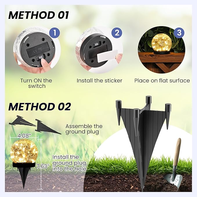 Solar Lights Outdoor for Yard Patio Porch, Garden Decor Birthday Gifts for Mom Women, Solar Globe Lights Waterproof Cracked Glass Ball Outdoor Decorations Balcony Backyard (2 Pack Warm White)