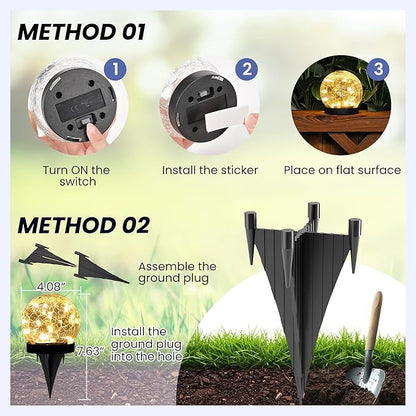 Solar Lights Outdoor for Yard Patio Porch, Garden Decor Birthday Gifts for Mom Women, Solar Globe Lights Waterproof Cracked Glass Ball Outdoor Decorations Balcony Backyard (2 Pack Warm White)