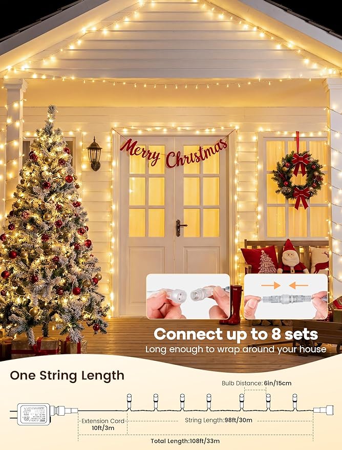 Christmas String Lights Outdoor, 200 LED 98 FT Plug in Christmas Tree Lights with Remote, Waterproof Twinkle Light Clear Wire with Timer for Bedroom, Indoor, Patio, Wedding, Xmas Decorations