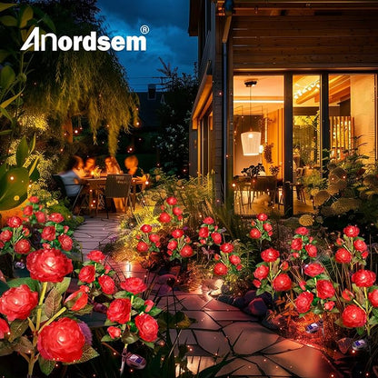Anordsem Solar Garden Lights Outdoor: 10 Artificial Fabric Red Roses Flowers 2 Pack- LED Flower Decorations for Cemetery Grave Pathway Yard- Birthday Gifts for Women, Wife and Mother