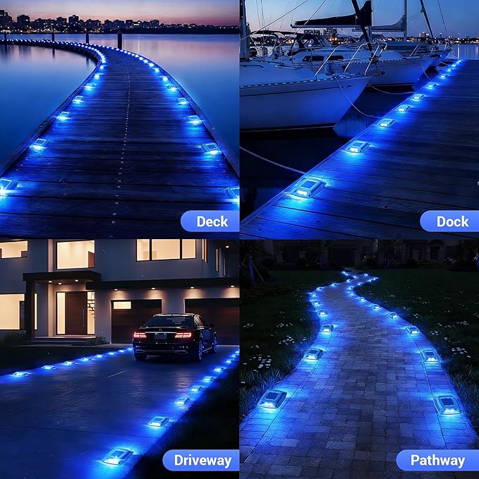 Solar Driveway Lights Outdoor 10 Pack, IP68 LED Solar Powered Waterproof Driveway Marker Deck Dock Lights for Dock Step Pathway Walkway Sidewalk Garden Yard Stair Marine (Blue)