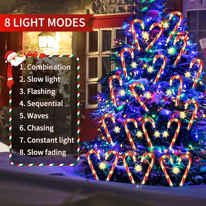 Solar Christmas Candy Cane Lights, Outdoor Waterproof Pathway Stake Lights with 8 Modes, Solar Lights for Outside Yard Walkway Garden Christmas Decorations