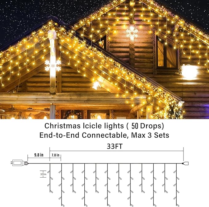 Joomer Christmas Icicle Lights - 33FT Plug in String Lights Waterproof, 8 Modes Timer Connectable Outdoor String Light for Christmas Party, Eaves, Roofs, Xmas Decorations (Warm White)