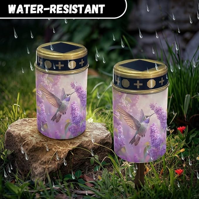 Hummingbird Lavender Solar Cemetery Light Holder, Grave Decorations for Cemetery, Solar Lights for Cemetery, Grave Markers for Cemetery Grave Outdoor