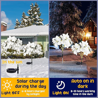 VIHOSE 4 Pcs Christmas Solar Poinsettia Lights Outdoor Artificial Flowers Landscape Waterproof Solar Poinsettia Lights for Yard Lawn Patio Garden Pathway Xmas Party Supplies (7 Flowers,White)