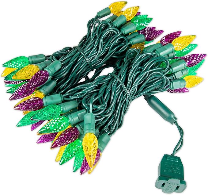 70 Light 24Ft Mardi Gras Lights Commercial String Lights C6 LED Strawberry Faceted Bulb – Yellow/Purple/Green | Lumora