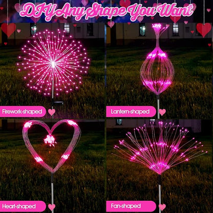 4 Pcs Valentine's Day Solar Lights Outdoor Pink Solar Firework Lights Decoration 180 LEDs 8 Modes Waterproof Valentine LED Stake Sparkler for Walkway Pathway Driveway Garden Yard Lawn Path(Pink)