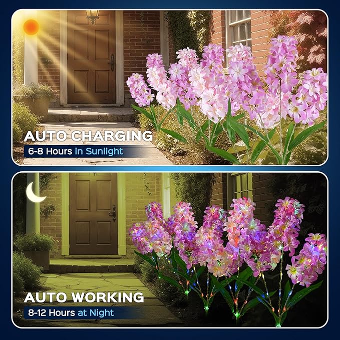 4 Pack Solar Garden Lights Outdoor, Colorful LED Waterproof Solar Powered Hyacinth Flowers Landscape Lights for Outside Yard, Patio, Pathway Decorative, Décor, Gifts, Two Lighting Modes