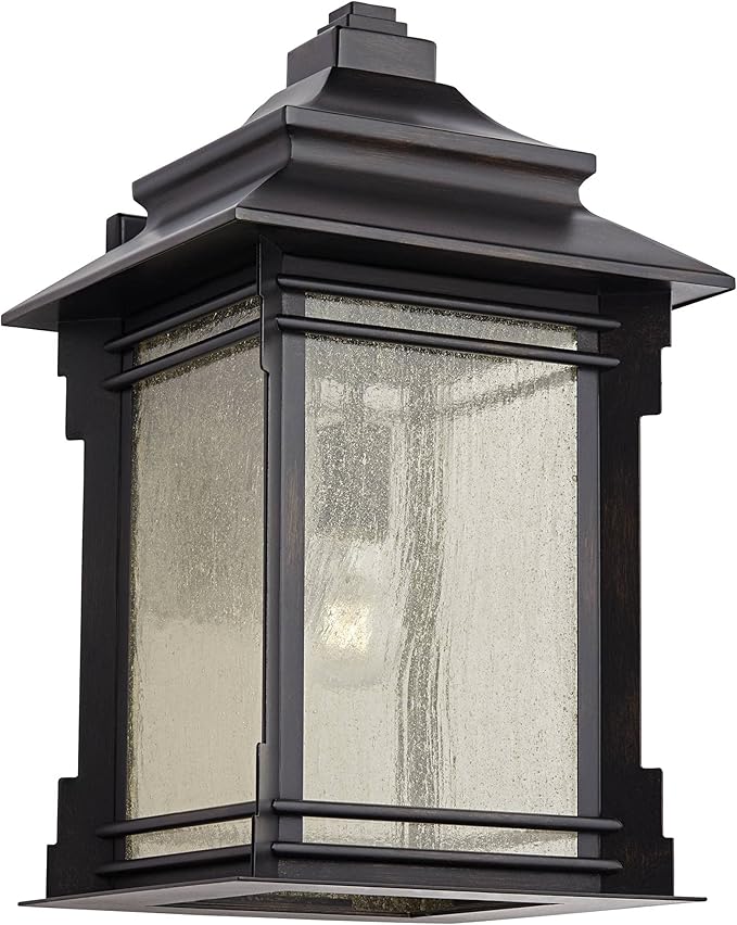 Franklin Iron Works Hickory Point Farmhouse Rustic Mission Outdoor Wall Light Fixture Bronze Lantern 19" Frosted | Lumora