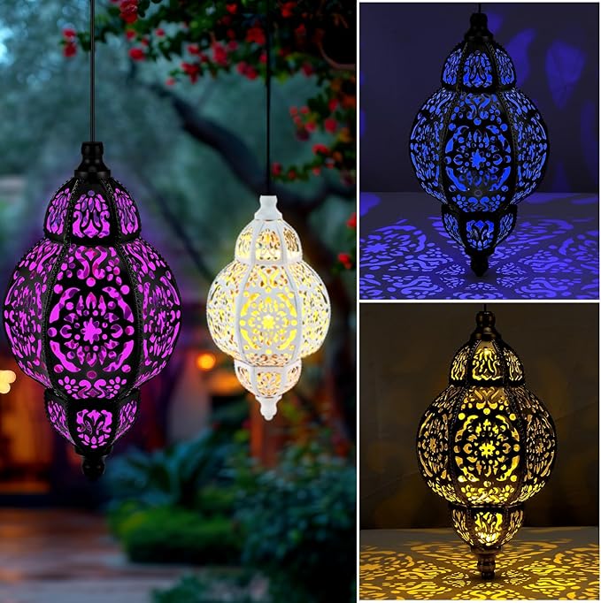 4 Pcs Hanging Solar Lights Moroccan Outdoor Decor Solar Lantern Waterproof Metal Moroccan Decorations for New Year Thanksgiving Patio Pathway Yard Porch Backyard Garden