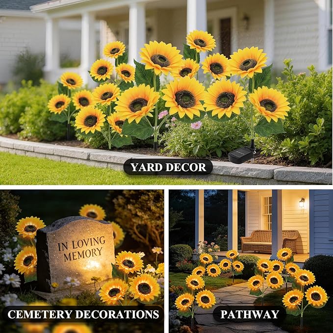 Solar Sunflower Lights Outdoor, 2 Pack Waterproof Artificial Flowers for Grave Decorations - Solar Powered Grave | Lumora