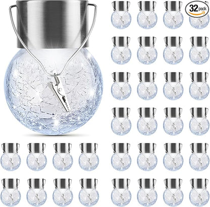 PARTPHONER 32 Pack Hanging Solar Lights Outdoor, Waterproof Solar Globe Lantern with Handle and Clip, Decorative Cracked Glass Ball Lights for Christmas Decor, Tree, Yard, Garden, Patio (Cold White)