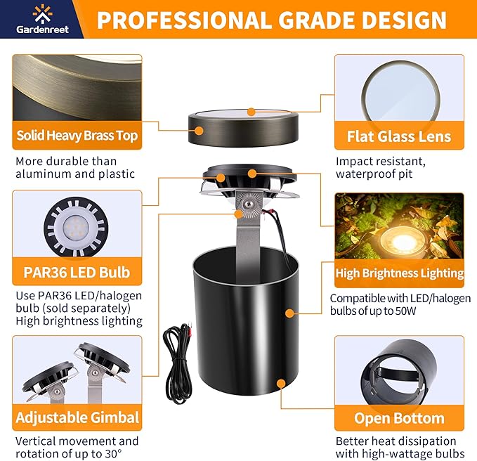 Gardenreet 12V Well Light - Brass Electric Low Voltage Ip65 Waterproof In-Ground LED Landscape - Outdoor Path Light | Lumora