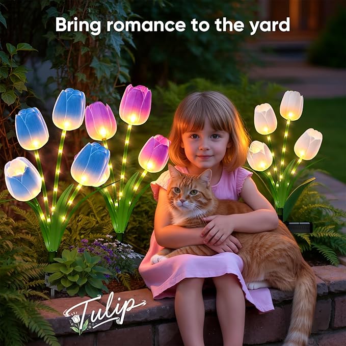 Solar Tulip Lights Outdoor: 3-Pack Solar Flower Garden Lights with Bendable Stems - IP65 Waterproof 800mAh for 12H Lighting - Auto On/Off Garden Decor - Gifts for Mom - Blue Purple White