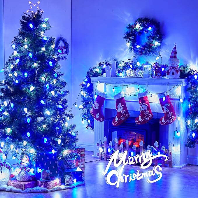 Brightown 2 Pack Blue and White C9 LED Christmas String Lights - 33ft 50 LED Waterproof Strawberry String Lights, Plug-in Extendable Green Wire Lights String for Outdoor Indoor Patio Party Decoration