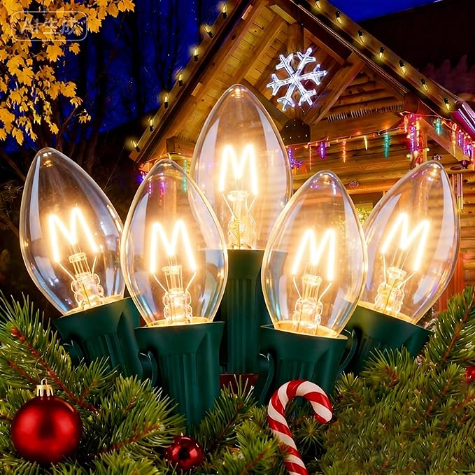 Abeja C7 Clear Christmas Lights Warm White, 25Ft Outdoor Incandescent String Lights with 27 Bulbs(2 Spare), Green Wire Connectable Vintage Decor Light for Patio, Christmas Party, House