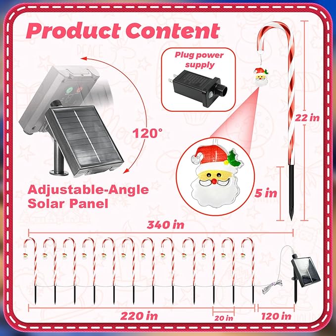 Solar Christmas Decorations Outdoor: 12 Pack 8 Blinking Models Waterproof Red Candy Cane Lights - 21" Santa Claus | Lumora