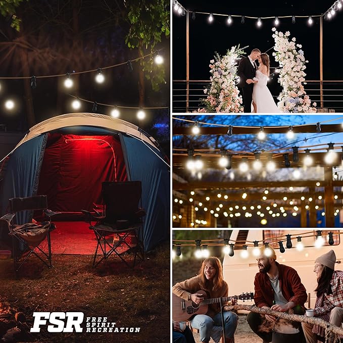 Freespirit Recreation 16.5FT Waterproof Outdoor String Lights - 3 Bluetooth Speaker Outdoor Party Lights with 7 LED Light Bulbs - Perfect for 12V DC, Hanging Lights for Outside Deck Porch & More