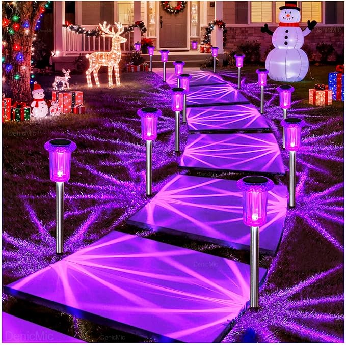 DenicMic Solar Lights Outdoor 10 Pack Waterproof Purple LED Stainless Steel Stake Outside Lights for Yard Pathway | Lumora