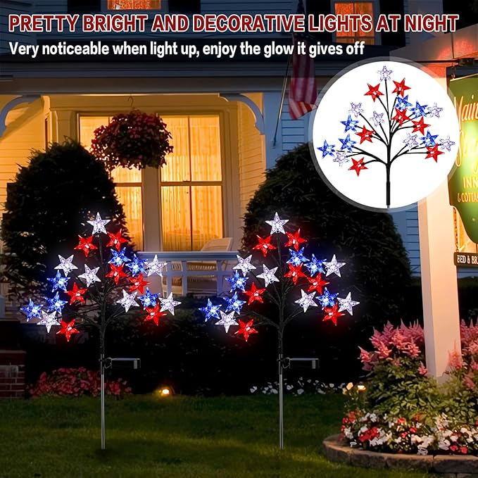 Solar 4th of July Stake Lights, Red White and Blue Lights Outdoor Decorations, Led Patriotic Lights Battery Operated for Memorial Day, July 4th, Veterans Day Outside Decor (2 Individual Pack)
