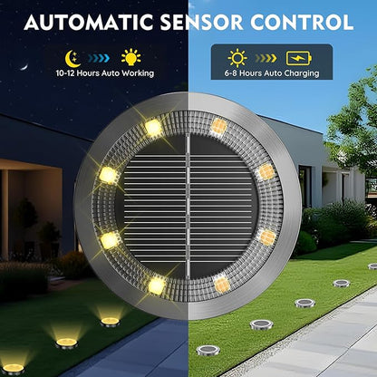 Solar Ground Lights Outdoor, 8 Pack Solar Lights Outdoor Waterproof, Mini Flat Solar-Powered Garden Light, Landscape Lighting for Garden Yard Lawn Pathway Walkway Driveway Backyard Decor, Warm White