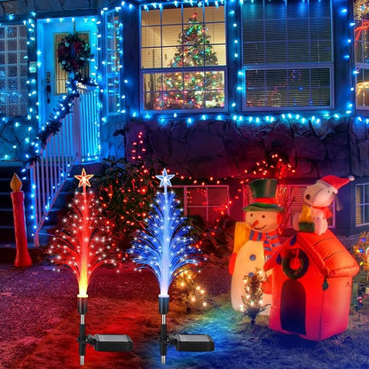 Baquler 6 Pack Solar Christmas Tree Garden Stake Lights Outdoor Waterproof Color Changing Christmas Lighted Yard Decorations Optical Fiber Xmas Pathway Lights for Lawn Patio Cemetery(Red, Blue)