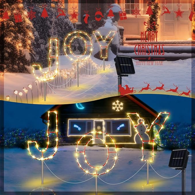 VIHOSE 3 Pcs Solar Christmas Joy Nativity Lighted Decorations Metal Joy Letters Outdoor Solar Stake Christmas Decorations Lighted Sign for Holiday Xmas Yard Garden Church Eve Party Night