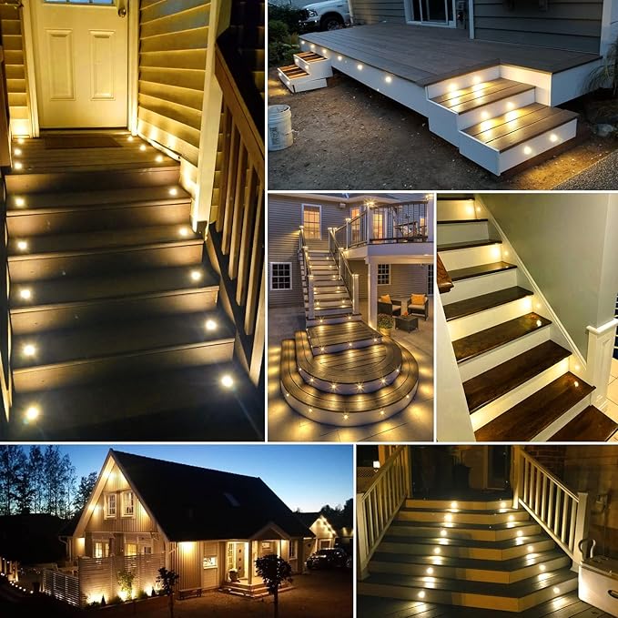 LED Deck Light Kits Warm White, Φ1.22 Recessed Step Light 16 Pack with Black Protective Shell, DC12V Low Voltage LED Deck Lighting, IP67 Waterproof Outdoor Stair Lights for Garden