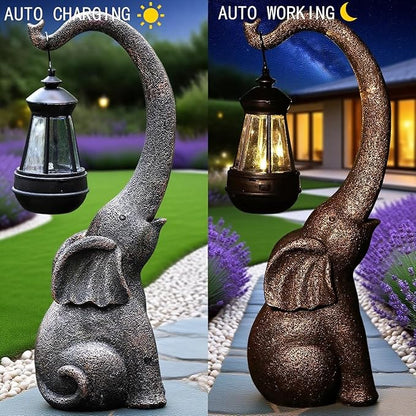 Elephant Garden Statue with Solar Lights, Outdoor Elephant Statues, Porch Decor for Outside Patio Lawn Porch Balcony, Elephant Figurine Decor, Birthday Gifts for Women Mom Grandma Animal Lovers