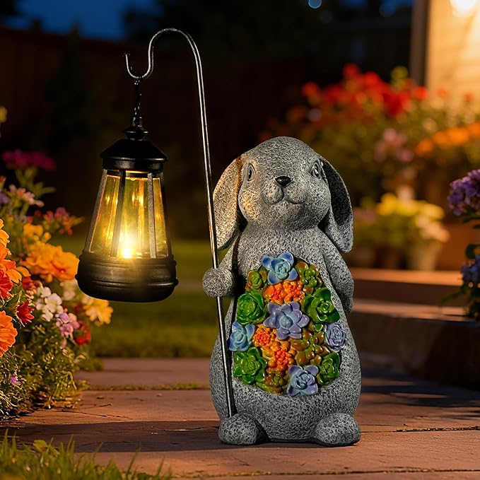 Solar Rabbit Garden Statue with Lantern – Waterproof Resin Outdoor Decor for Yard, Lawn, Patio, Garden – Gift for | Lumora