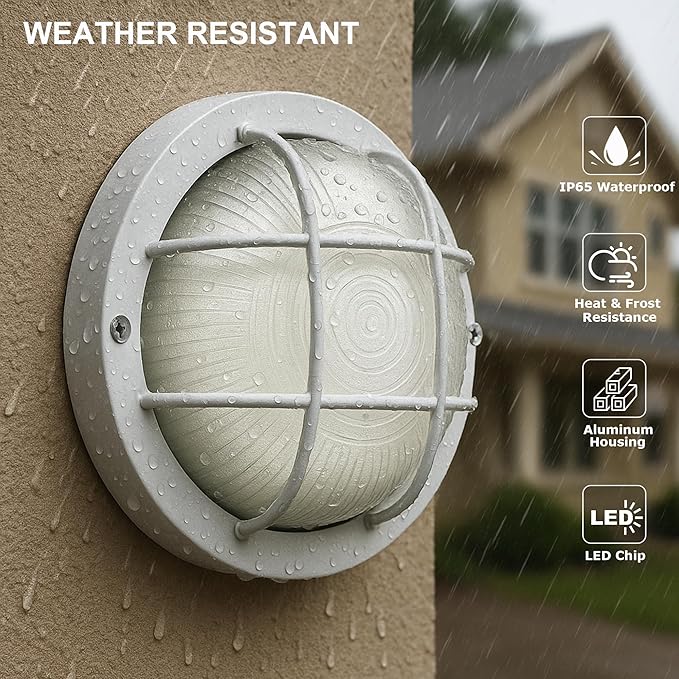 GRUENLICH 8'' Round LED Bulkhead Light, Outdoor Wall Lights Dimmable, Sauna & Exterior Lighting, ETL Rated, 15W 1600 Lumen, 5000K Daylight White, White Cast Aluminum, Wall/Ceiling Mount, 2 Pack