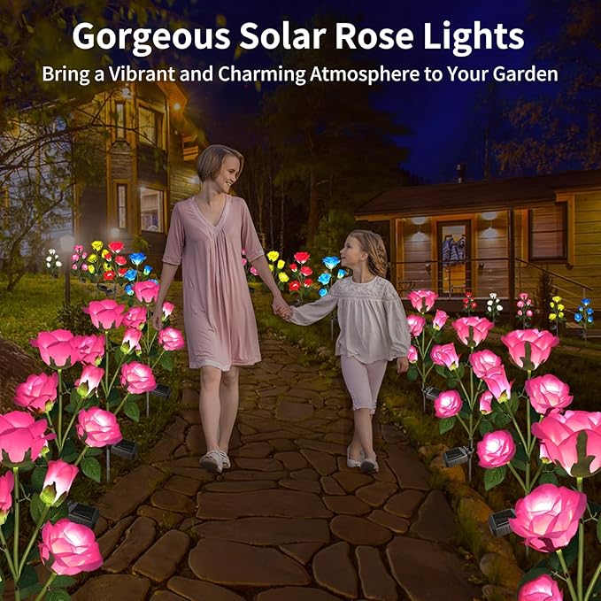 Solar Garden Lights, Solar Outdoor Lights with More Realistic 10 Rose Waterproof Solar Powered Flowers for Outside Patio Yard Pathway Decorations, 2 Pack Pink