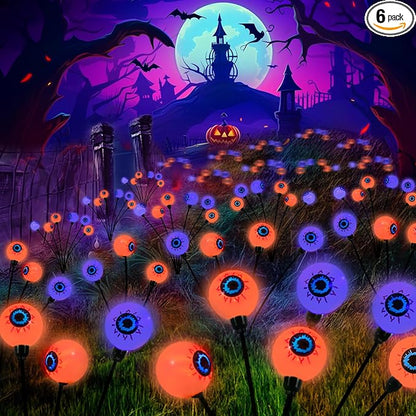 Lewondr Halloween Decorations Outdoor Eyeball Lights, 6 Pack Solar Garden Lights with 2 Modes, Waterproof Firefly Lamps Swaying by Wind for Yard, Pathway, Lawn, Patio, Party, Purple + Orange