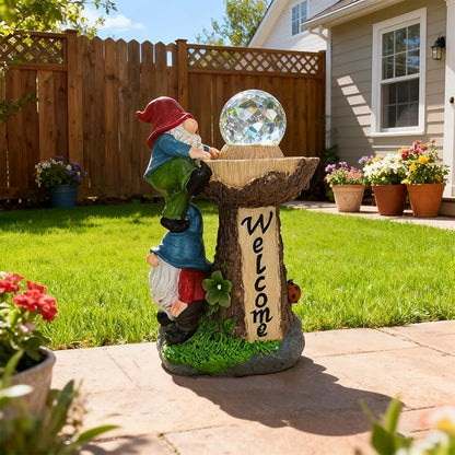 Solar Powered Garden Gnome Welcome Sign with LED Cracked Glass Ball, Outdoor Statue Decor for Patio Yard Lawn Walkway, for Mom Grandma (Red)