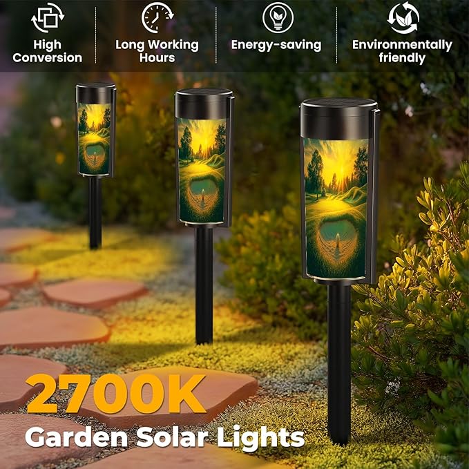 4 Pack Solar Pathway Lights Outdoor Waterproof Golf Course Landscape Sunset Golfing Sport Sand Bunker Sun Trees Solar Garden Lights LED Landscape Lighting for Yard Walkway Lawn Garden Decor