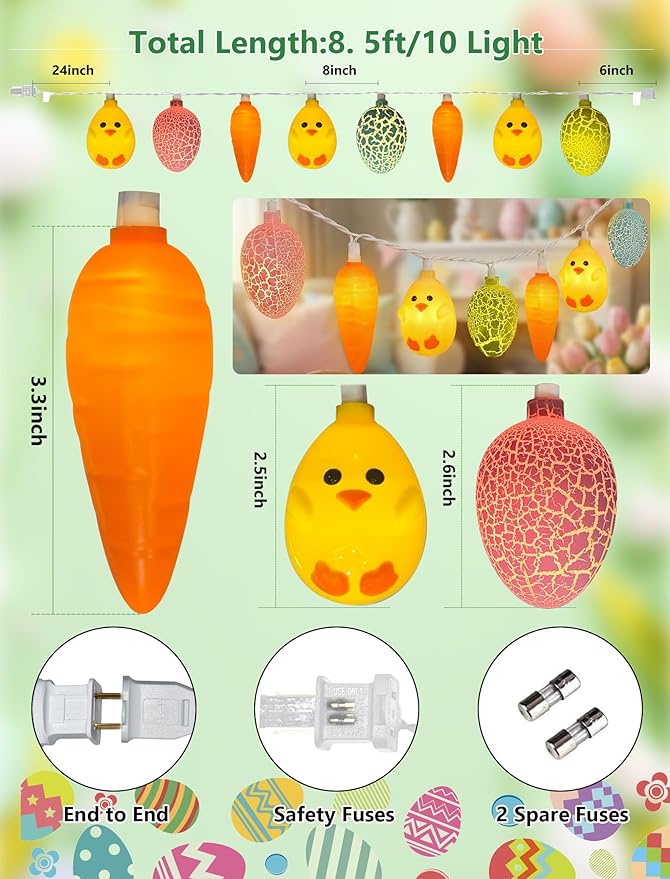 8.5Ft Outdoor Easter String Lights with 10 Cracked Egg, Chick & Carrot LED Decorative Lights for Spring & Easter Decor, Hanging Spring Themed Party Lights for Indoor & Outdoor Holiday Patio Garden