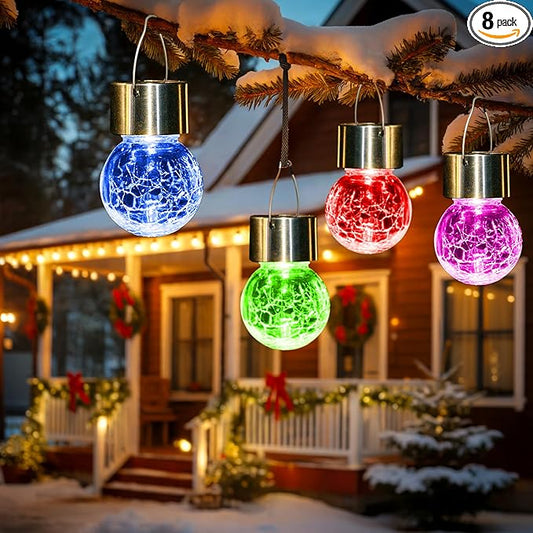 8 Pack Solar Lanterns, Christmas Decoration Lights with Multi-Color Changing Cracked Glass Hanging Ball Solar Outdoor Lights Waterproof Hanging Light for Garden, Yard, Patio, Lawn