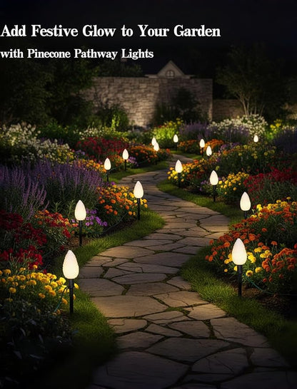 Christmas C9 Pathway Lights 7FT Pinecone, LED with 4 Stakes Connectable Holiday Commercial Warm White Light Decoration UL Listed - Green Wire