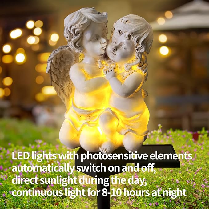 QH & Garden Angel Solar Garden Light - LED Waterproof Resin Light for Garden, Balcony, Yard, Lawn, Pathway, Walkway - Solar Powered Outdoor Decor, Memorial Gifts