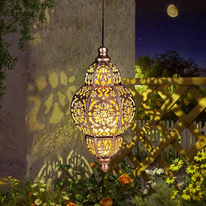 Hanging Solar Lanterns,Outdoor Garden Decor Solar Lantern Metal Moroccan Yard Art Gardening Decorative,Outside Hanging Lights Christmas Decorations for Gazebo Patio Chandelier Garden Gift