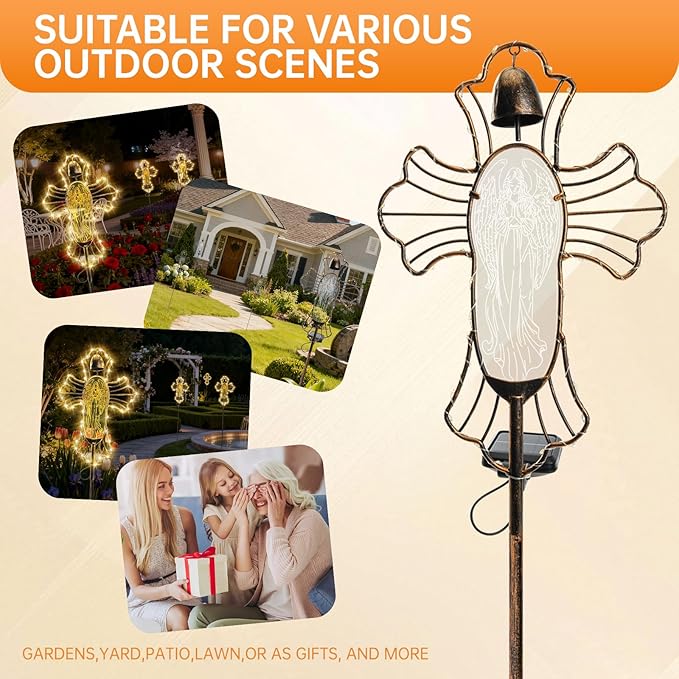 Solar Lights Garden Backyard Decor Outdoor,Angel Figurine Waterproof Light Cross Stake,Housewarming Yard Patio Pathway Lawn Ornaments Ideas for Gardening Mother Grandma
