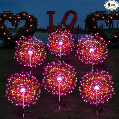 6 Pcs Valentine's Day Solar Firework Lights Solar Lights Outdoor Garden 120 LED 8 Modes Waterproof LED Sparkler Outdoor for Valentines Patio Yard Pathway Walkway (Valentine's Day Color)