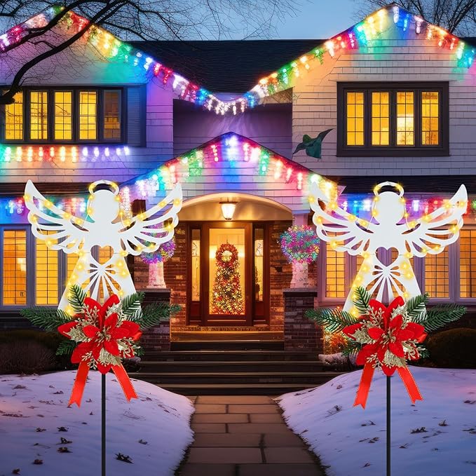 Baquler 2 Pack Christmas Solar Angel Stake Lights 32" Christmas Cemetery Grave Decorations with Poinsettia for Xmas Cemetery Memorial Outdoor Yard Pathway Garden Lawn Decorations