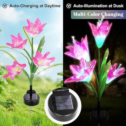 3 Pack Solar Powered Lily Flower Lights Outdoor, Waterproof Color Changing Garden Lights with Large Solar Panel for Patio, Yard, Pathway Decoration