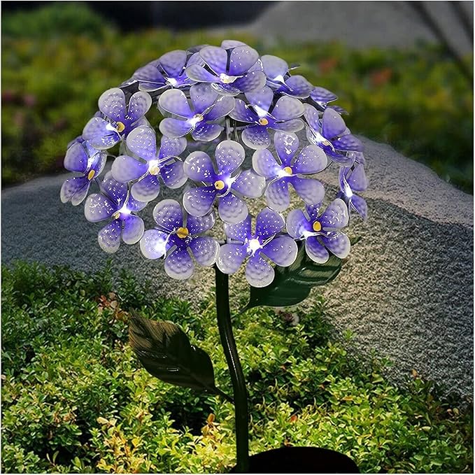 Solar Garden Lights Metal Flower Garden Stake Yard Art,Solar Hydrangea Stake Lights,Hydrangea Flowers Metal Stake With Solar Lights Outdoor,Waterproof LED Lights For Garden,Lawn,Patio,Courtyard ( Colo