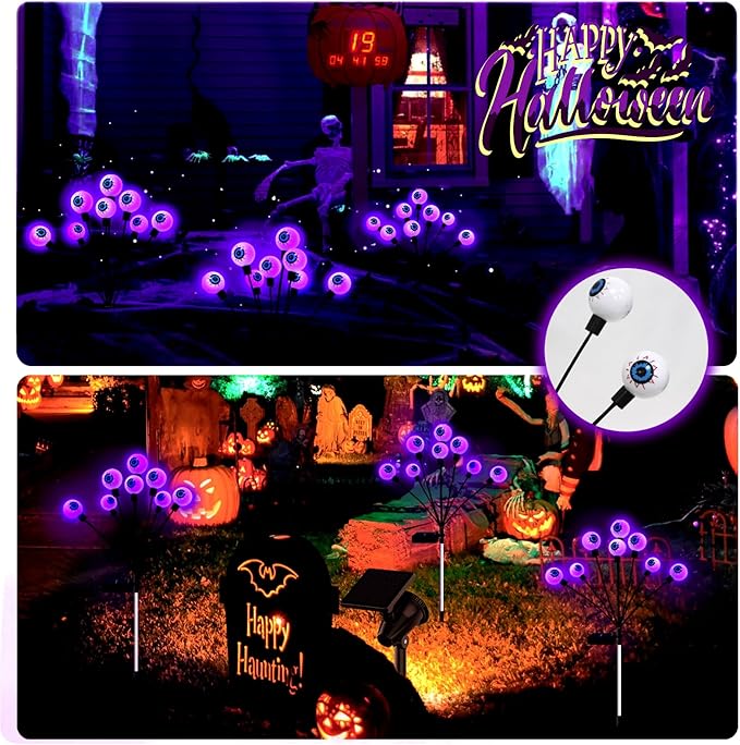 Garden Lights Solar Outdoor Halloween Decoration,2 Packs Total 16 LED Halloween Eyeballs Lights for Garden Yard Pathway Halloween Swaying Waterproof Decor- Purple