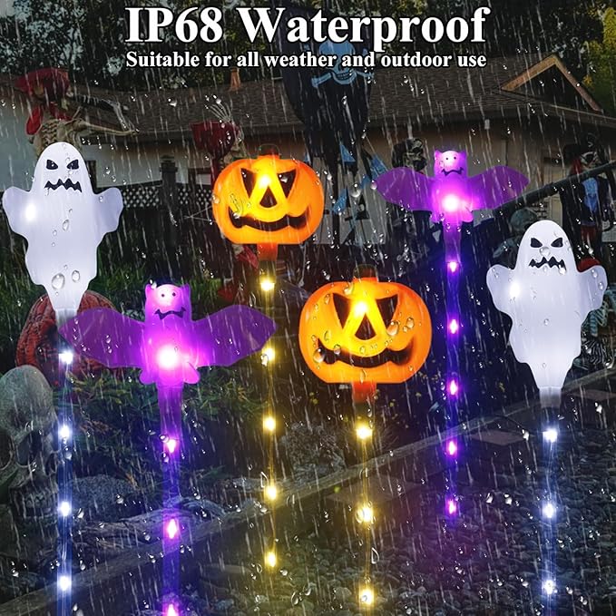 Halloween Decorations Outdoor Solar Pumpkin Bat Ghost Garden Stake Lights, 6-Pack 8 Modes Solar Halloween Lights | Lumora