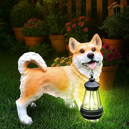 Outdoor Husky Dog Statue with Interchangeable Welcome Sign and Detachable Solar Lantern –LED Light Garden Dog Sculpture Décor, Cute Puppy Design for Yard, Porch, Gift